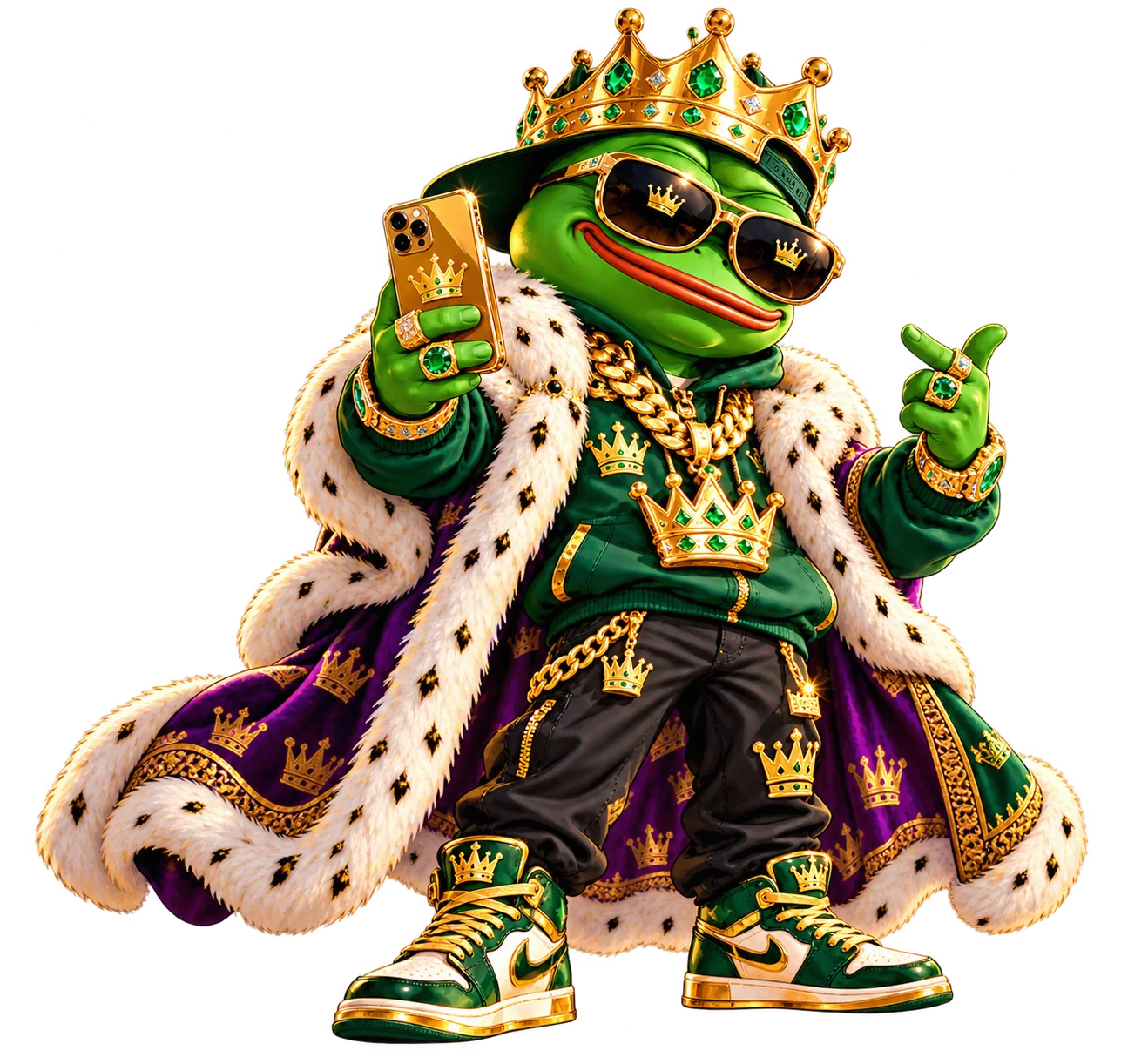 Nepo Pepe, the spoiled prince: green face, emerald-studded gold crown over a backward cap, gold sunglasses, emerald hoodie, white fur cape, gold chains, jeweled smartphone and crown sneakers