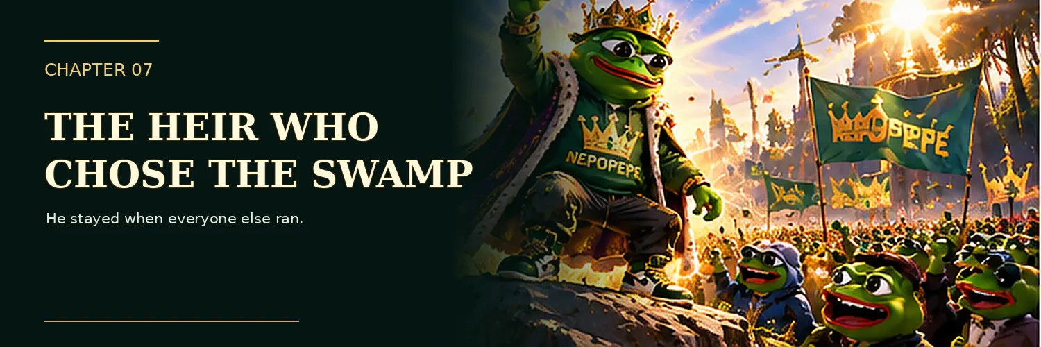 Nepo stands beside the frogs of the swamp rather than his inherited fortune